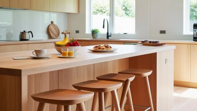 Cuisine En Bois Assez Moderne Propre Et Lumineuse Bien Equipee Avec Un Comptoir Et Des Tabourets Avec Un Petit Dejeuner Mis En Place