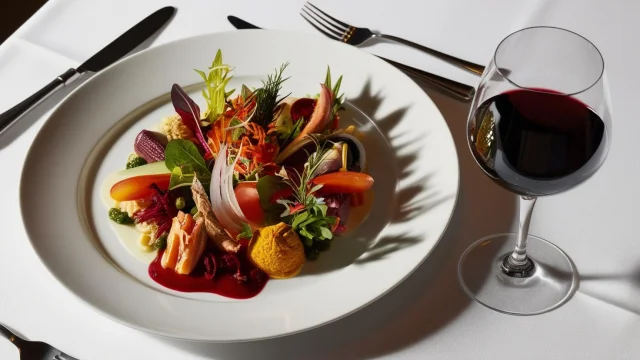 Une Image Realiste Dune Assiette De Plat Gastronomique Avec Nappe Blanche Et Verre De Vin
